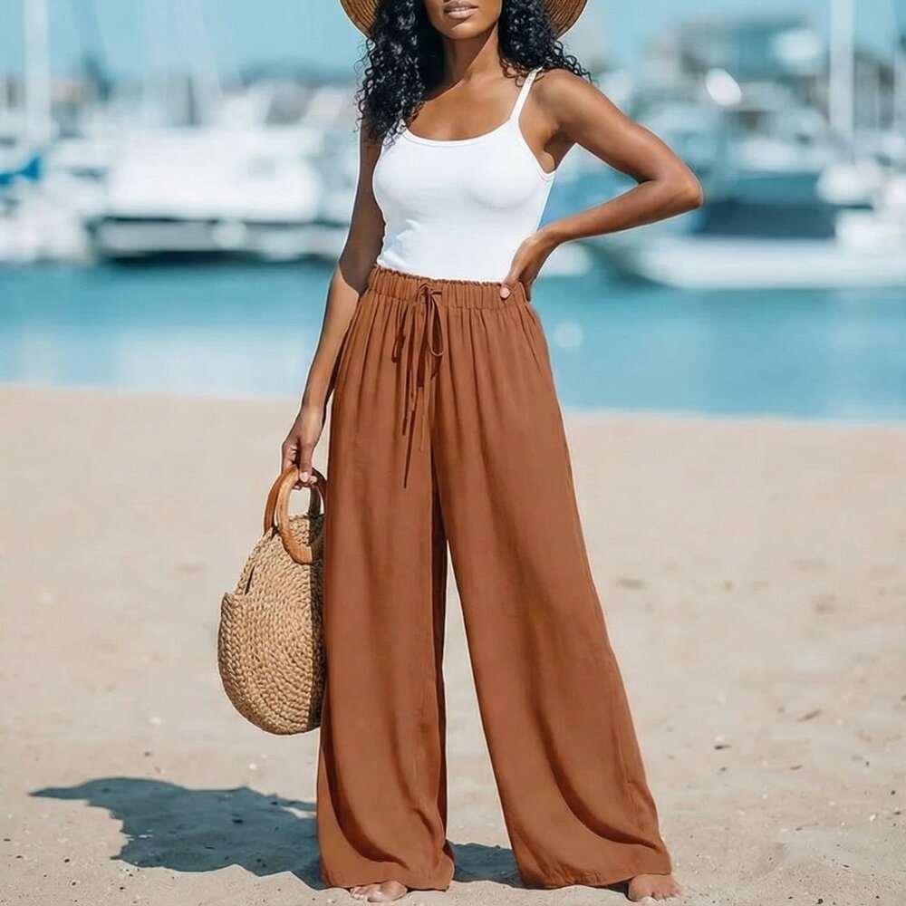 Long Length Elegant Wide Leg Pants - Soft Polyester, Fake Drawstring, - Picture 4 of 7